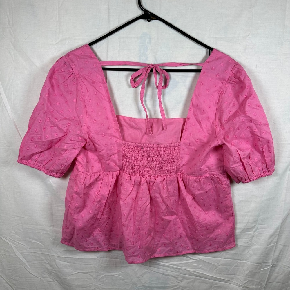 ModCloth Pink Swiss Dot Puff Sleeve Babydoll Top Size L Cottagecore - Picture 6 of 8